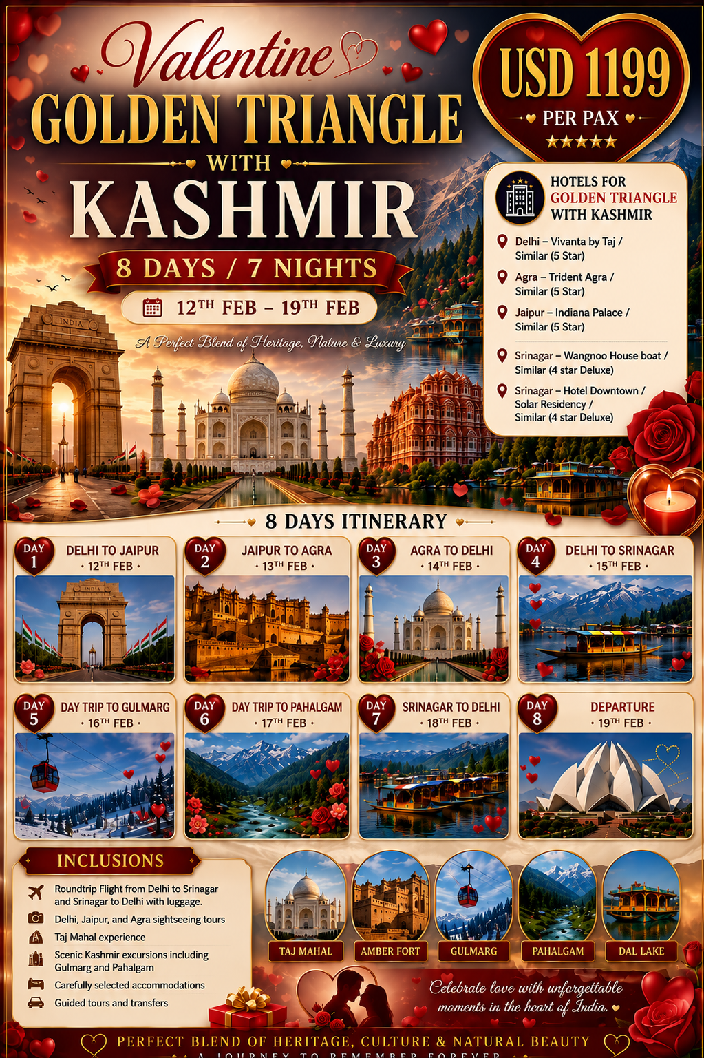 Valentine Golden Triangle with Kashmir — 12 to 19 Feb, USD 1199 per pax