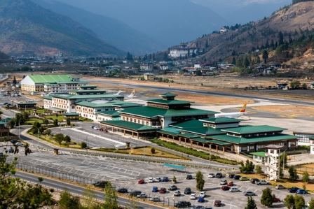 Paro International Airport terminal in the valley