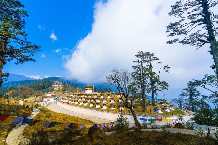 Chortens and prayer flags at Dochula Pass