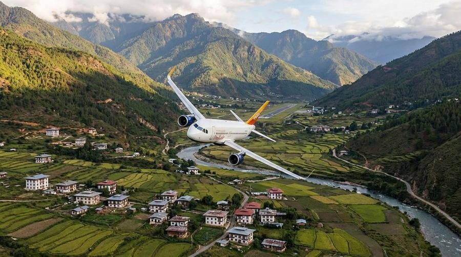 Aircraft on approach over the Paro valley