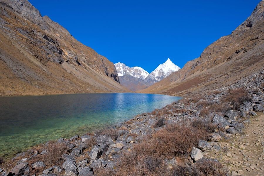 Alpine lake below a snow-capped Himalayan peak
