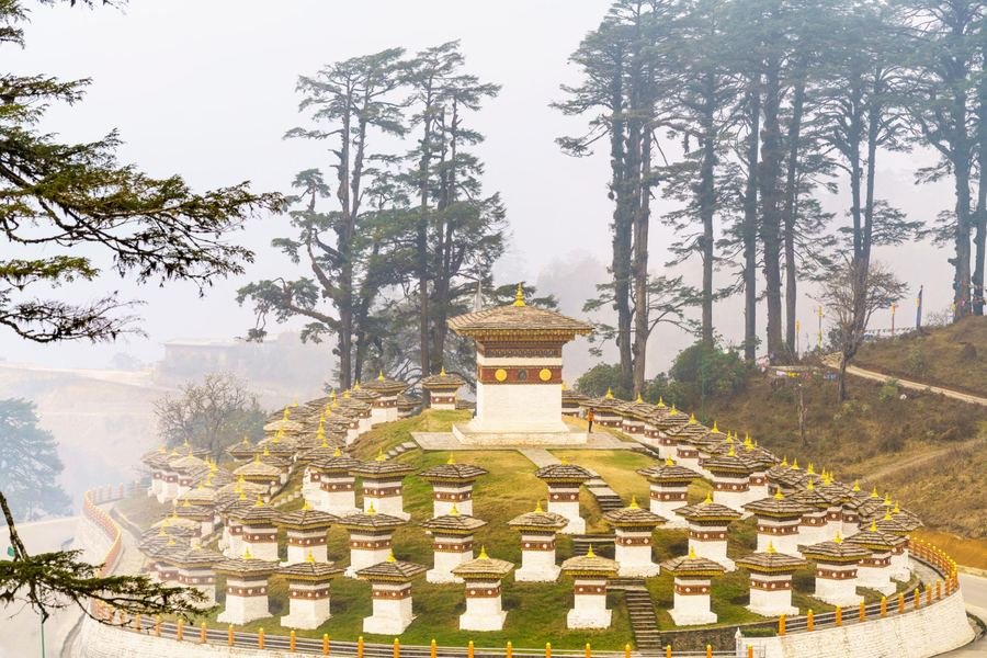 The Dochula chortens in morning mist