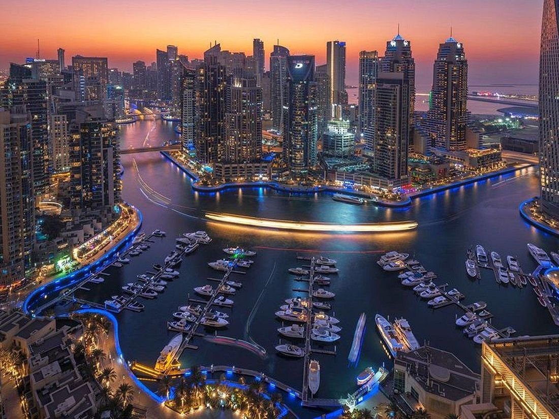 Dubai Marina skyline at sunset