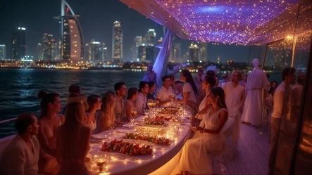 Waterfront gala dinner setup with Burj Al Arab backdrop