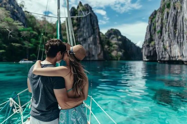 Couple on the bow of a boat looking towards limestone cliffs
