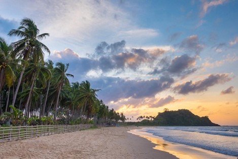 Palm-lined shoreline at sunset on Nacpan Beach