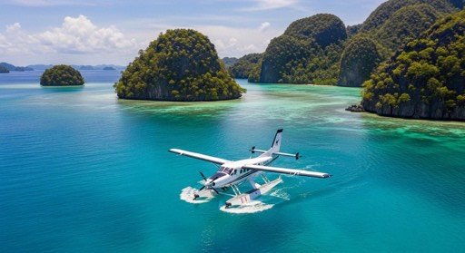 Seaplane on the water between jungle-covered limestone islands
