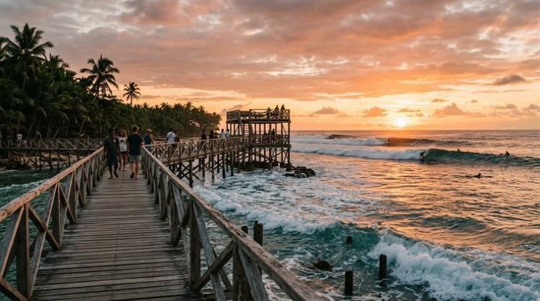 Walkers on the Cloud 9 boardwalk at sunset with surfers in the water