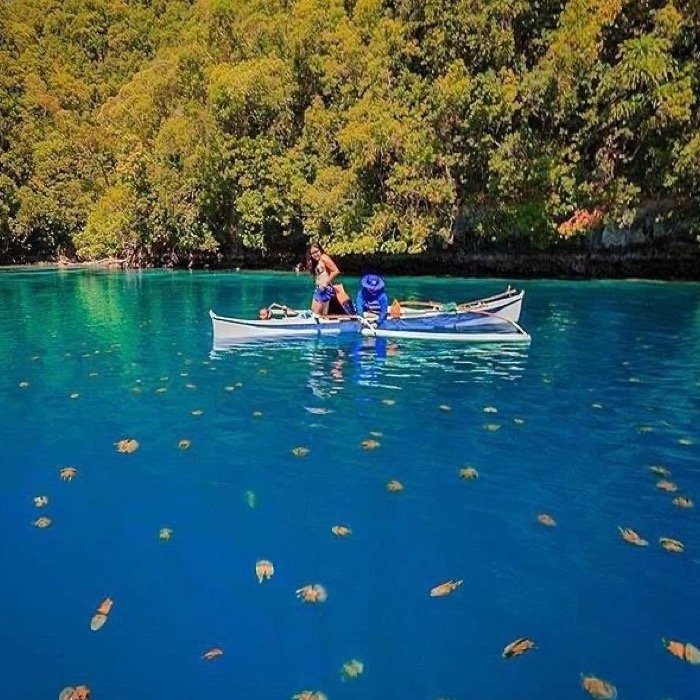 Couple in an outrigger boat above stingless jellyfish in a blue lagoon