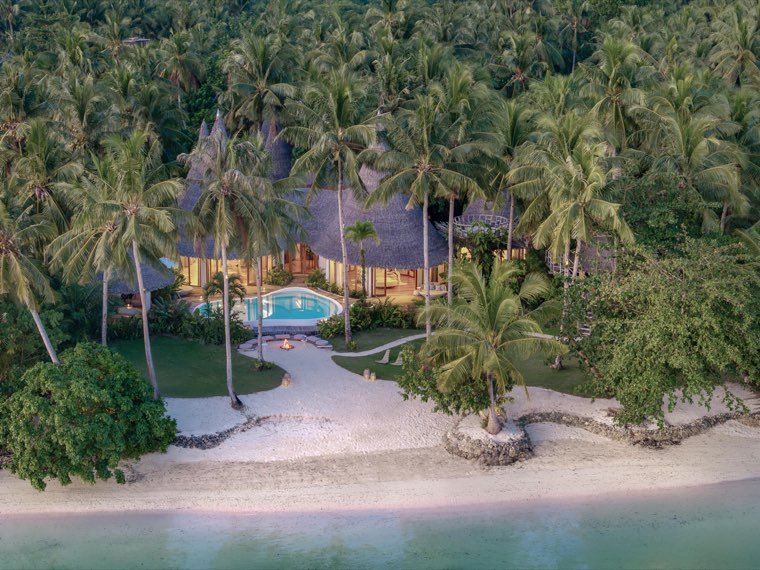 Thatched beachfront villa with a private pool and fire pit framed by coconut palms