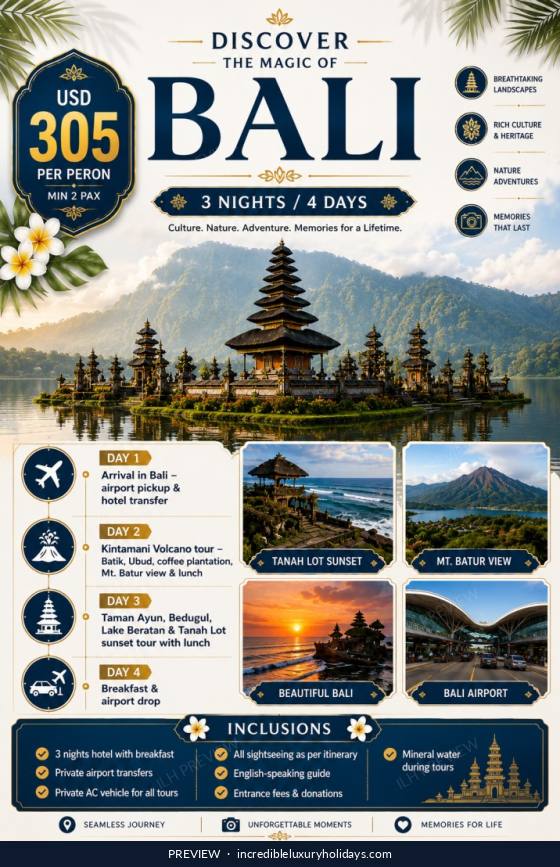 Discover the Magic of Bali — 3 Nights / 4 Days, USD 305 per person